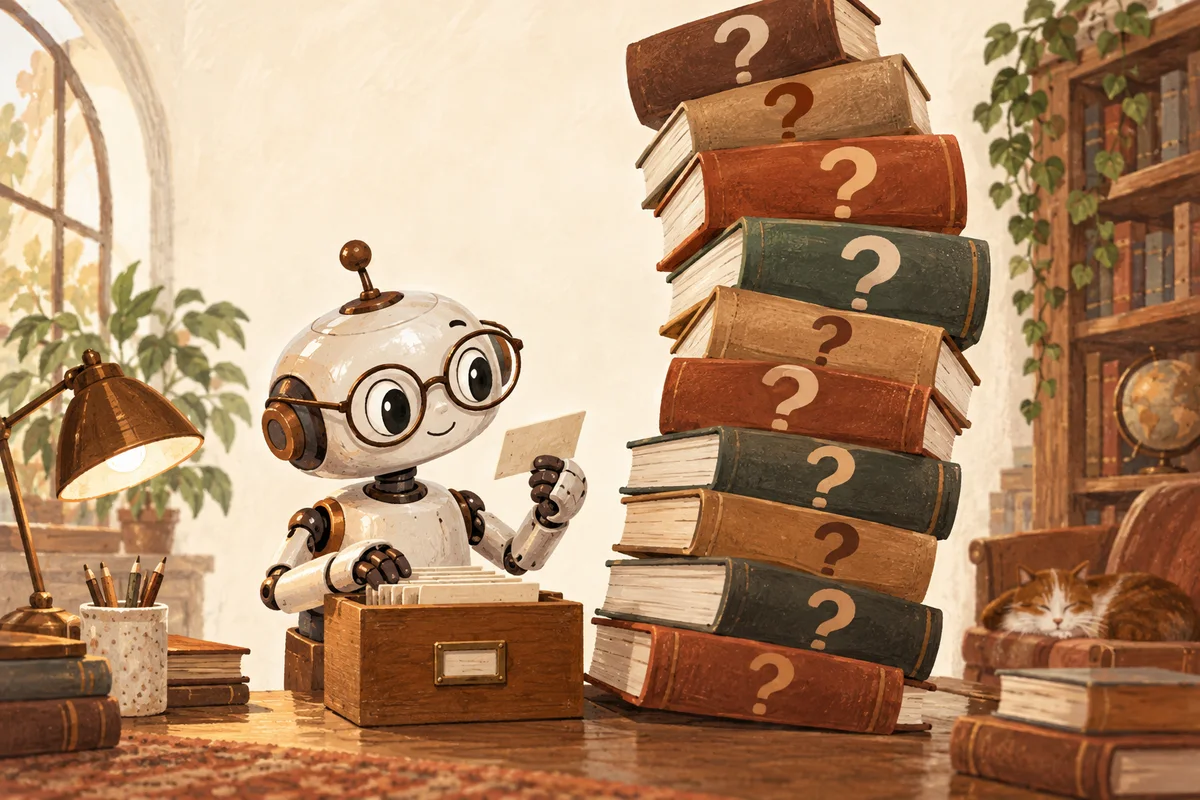 A friendly little desk robot in reading glasses checks a library card while an enormous stack of question-mark shaped books leans beside it.